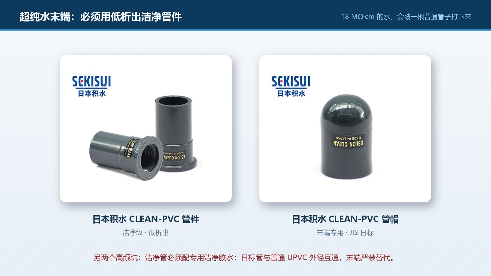 PCB 超纯水末端洁净管件实拍:日本积水 CLEAN-PVC 管件与管帽